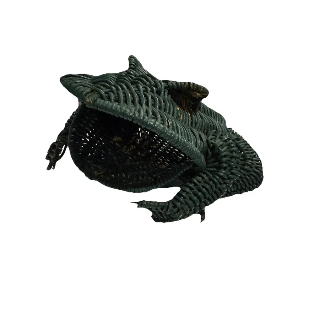 Vtg Green Woven Wicker Frog Basket Open Mouth 8